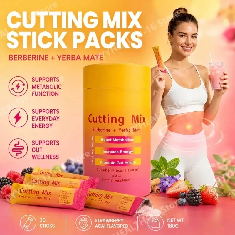 Berberine Yerba Mate Drink Mix Cutting Metabolism & Energy Support Strawberry Acai Flavor Gut Wellness 30 Stick Packs 180g — image 1