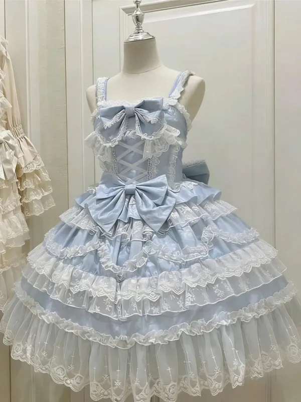 Lolita Kawaii Y2k Long Sleeve Strap Dress Japanese Knee-Length Women Elegant Lace Bow Patchwork Ball Gown Sweet All Season — image 8