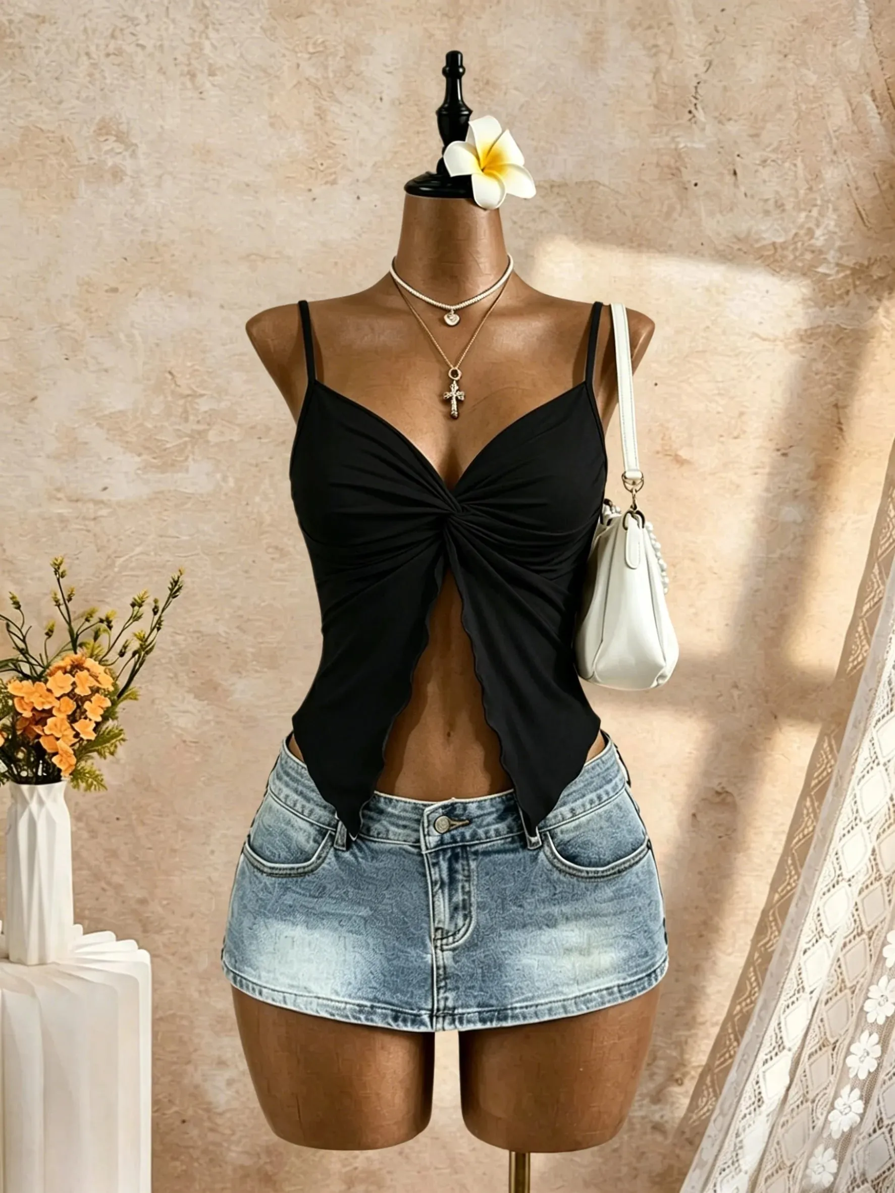 Women Spaghetti Strap V Neck Twist Front Cut Out Ruffle Irregular Hem Slim Fit Crop Cami Top 2026 Summer Y2K Solid White Sleevel — image 11