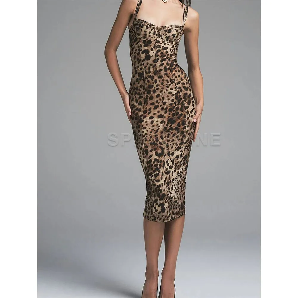 Sexy Leopard Print Dress Women's Sleeveless Fitted Stretch Bodycon Mid-Calf Dress Clubwear Evening Party Dresses — image 4