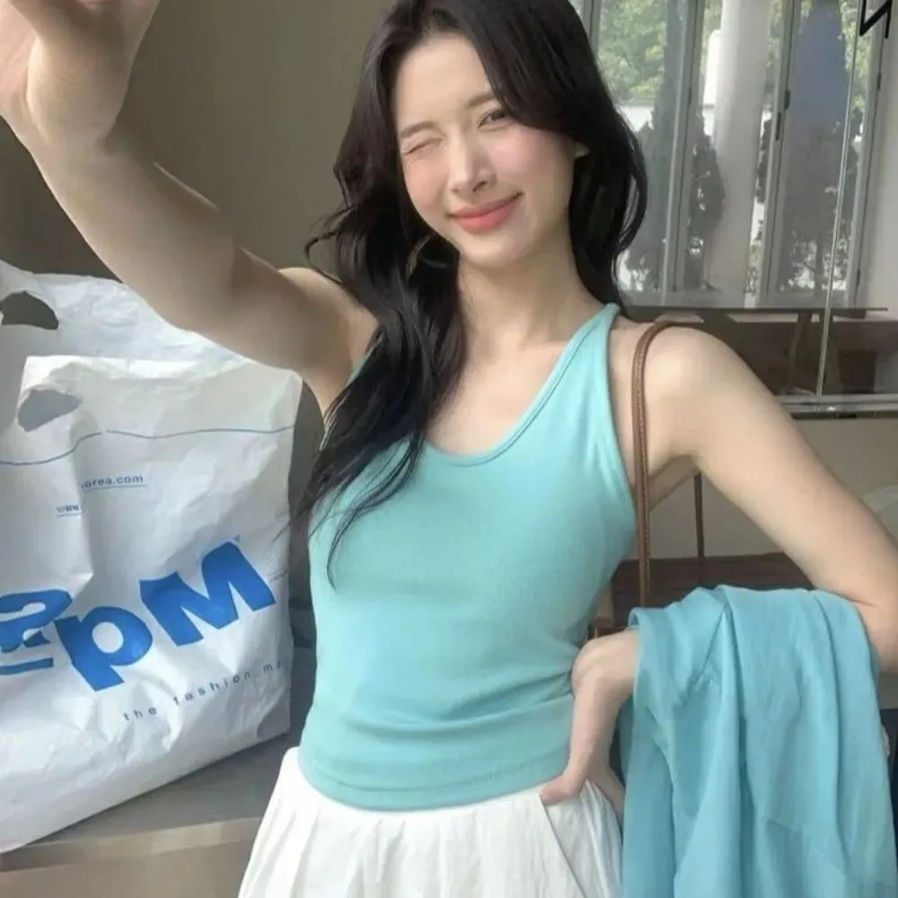 Korean Style with Chest Pad Strap Vest U-Neck Solid Color Backless Sleeveless Top Slimming Women Camis Summer