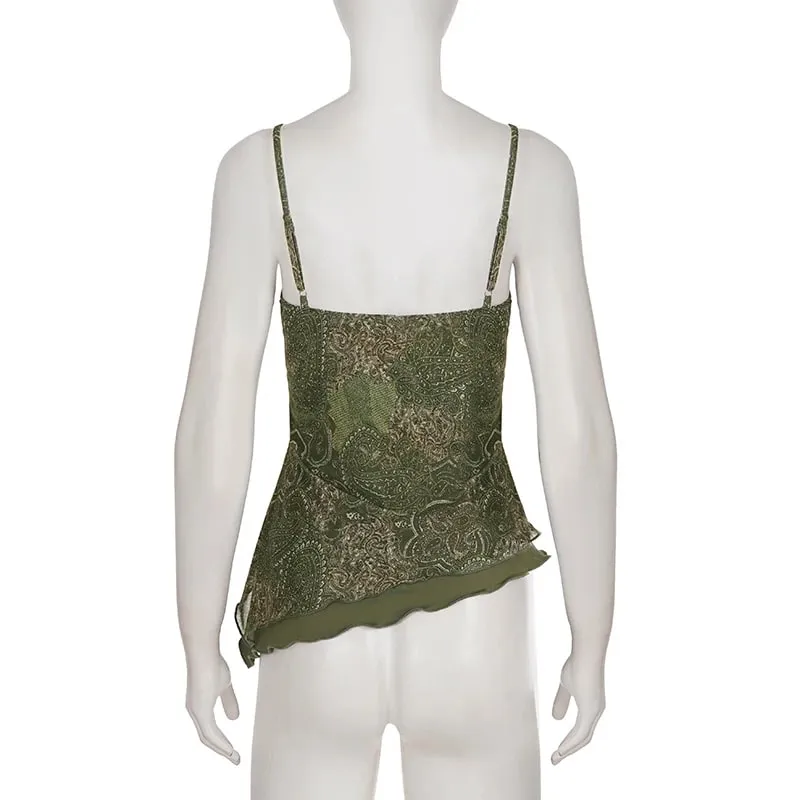 Fairycore Y2K Women Cami Top Floral Print Lace Patchwork Asymmetric Hem Spaghetti Strap Slim Sleeveless Streetwear Cami