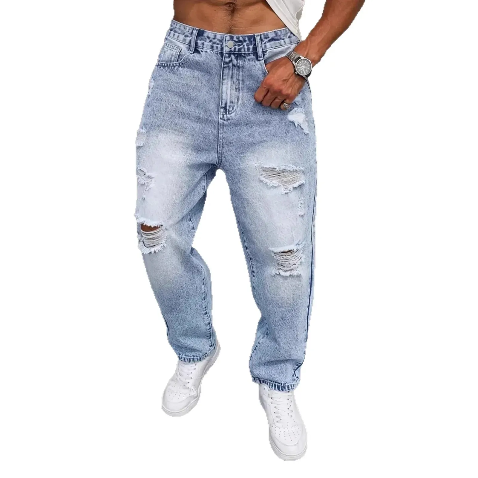 Light Blue Washed Ripped Frayed Denim Jeans For Men Non Stretch Straight Leg Loose Baggy Distressed Pants Vintage Y2K Hip Hop Da — image 5