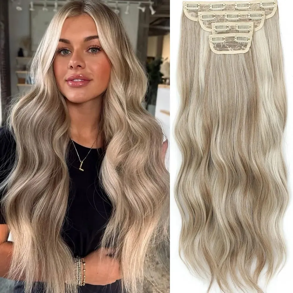 4Pcs/Set 11 Clips 22 Inches 220g Beach Waves Clip in Hair Extensions Sandy Blonde Champagne Heat Resistant Synthetic Hairpiece — image 1