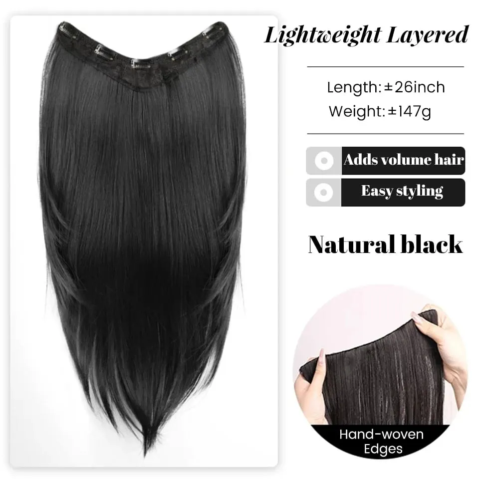 26Inch Synthetic Long Straight Layered V-Shaped Clip-in Hair Extension 4 Clip Heat Resistant Hairpiece for Women Daily Party