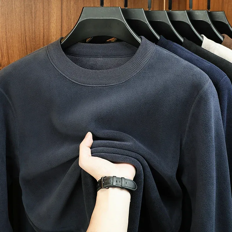 Autumn and Winter Men's Velvet Hoodie Long Sleeve Round Neck Solid Color Fashion Casual Versatile Top — image 5