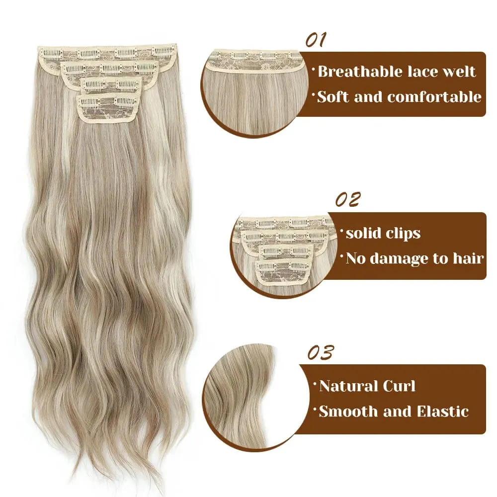 4Pcs/Set 11 Clips 22 Inches 220g Beach Waves Clip in Hair Extensions Sandy Blonde Champagne Heat Resistant Synthetic Hairpiece — image 4