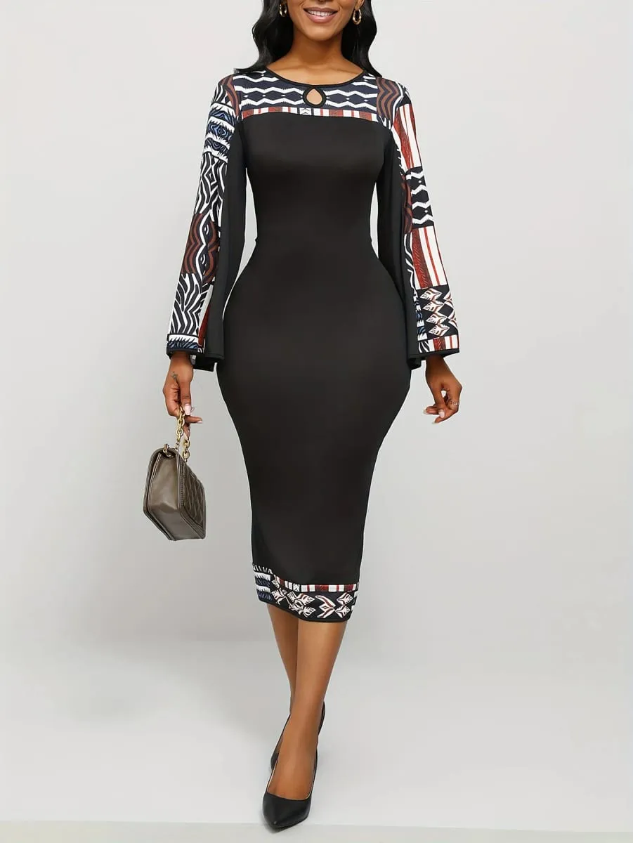 Women's Geometric Pattern Dress Bohemian Bell Sleeve Long Sleeve Asymmetrical Slit Maxi Dress — image 3
