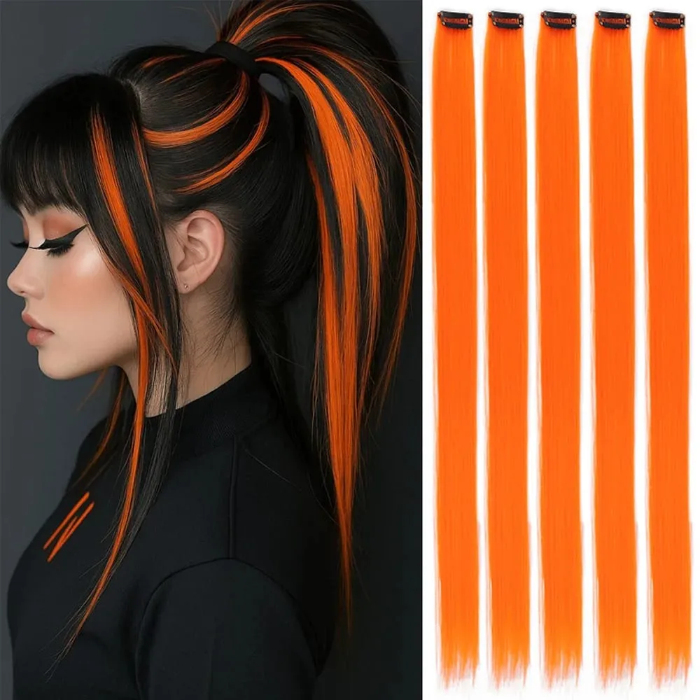Synthetic Colorful 5pcs/set Clip Hair Extensions High Temperature Long Straight Hairpieces for Women Daily Party Use