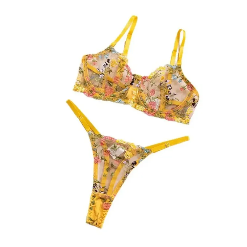 2-Piece Floral Lingerie Set Embroidery Versatile Underwear Intimates Underwire Push-up Sheer Bra Panty Set For Lady Girl