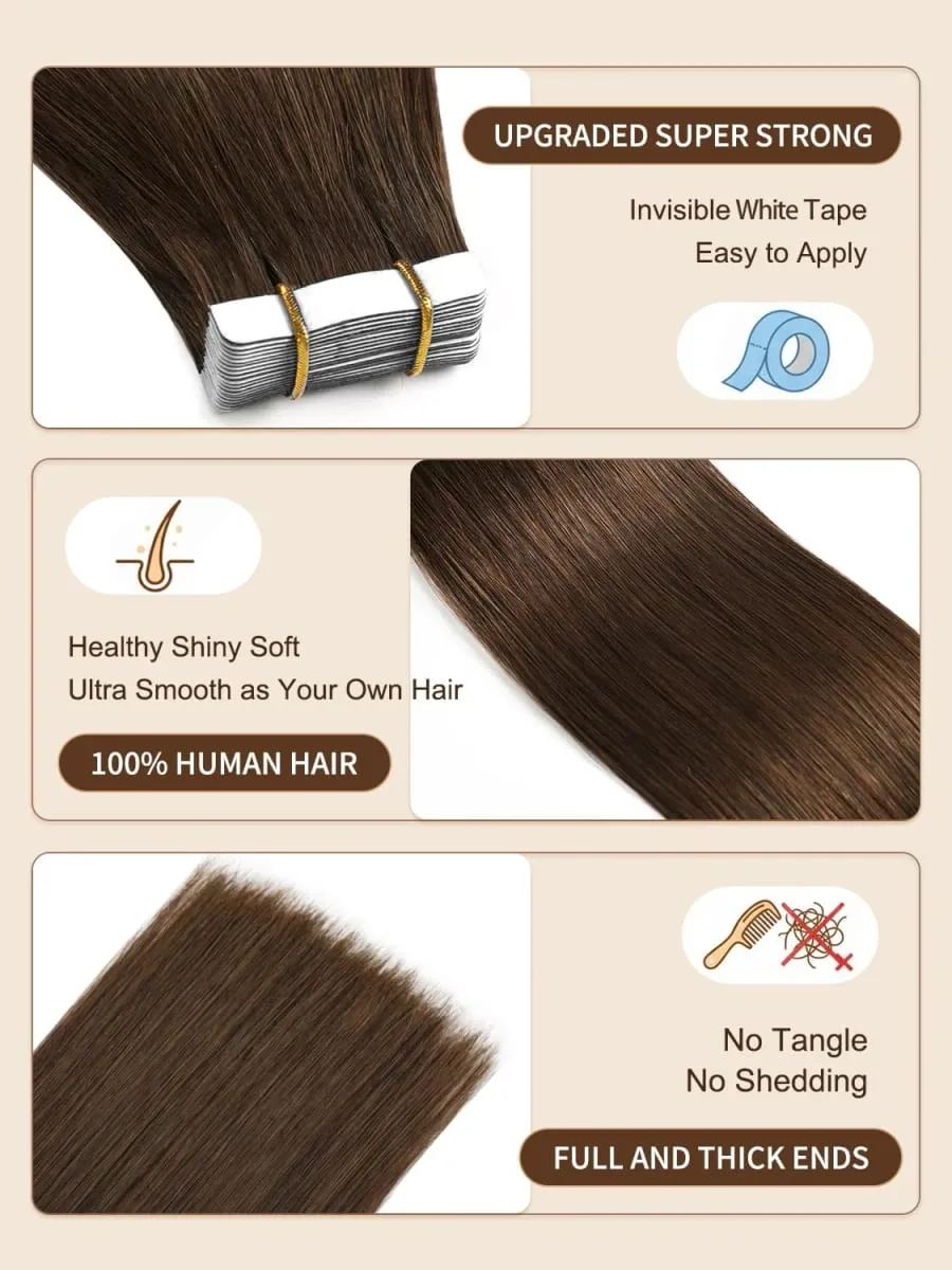 Invisible Tape In Hair Extensions 100% Human Hair #4 Chocolate Brown Straight Tape In Human Hair Extensions 20pcs 50g For Women — image 3