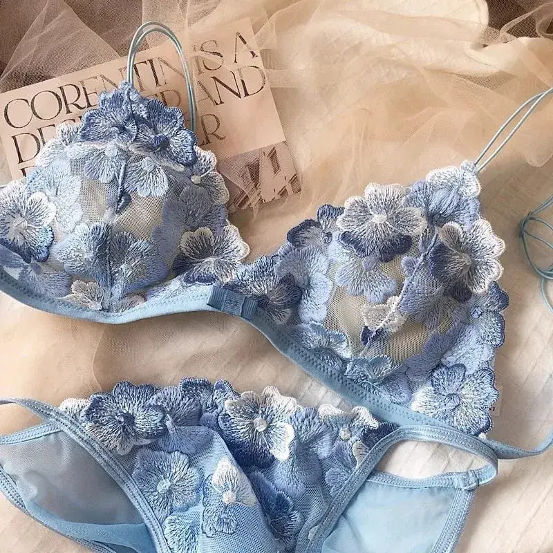 Ensemble de lingerie de niche française en maille brodée coupe triangle sans fil bralette rétro dentelle fine sexy soutien-gorge confortable USA Tushy MOYISU — image 8
