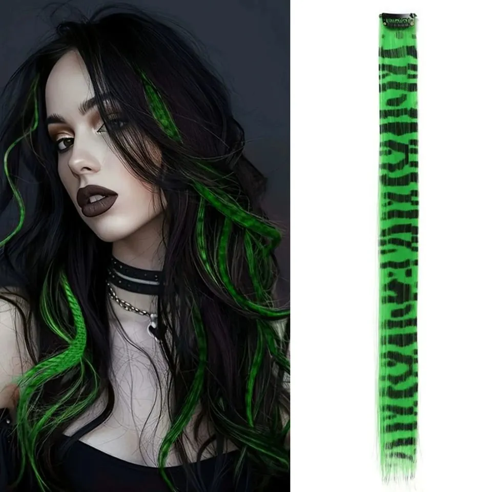 Long Straight Colorful Striped Feather Hairpieces Synthetic Y2K Green Orange Clip in Leopard Print Hair Piece Cosplay Party — image 16