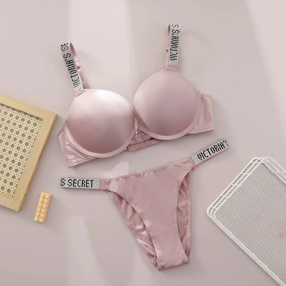 Victoria Secret Sexy Women Underwear Very Sexy Logo Shine Strap Push Up Bra Shine Script Thong Panty Set Hot — image 8