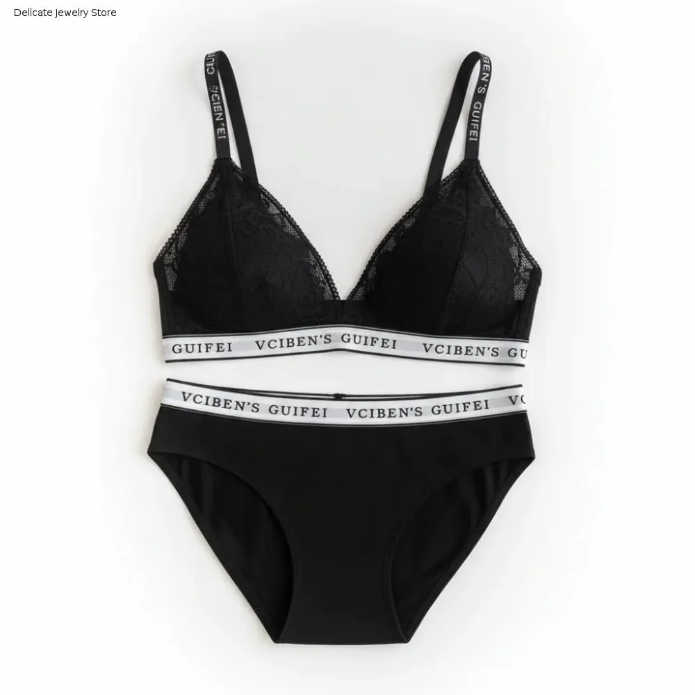 Breathable Letter Design Lingerie Set Deep V Lace Women Underwear Suit Wireless Color Blocking Bra Panties Set Girl — image 2