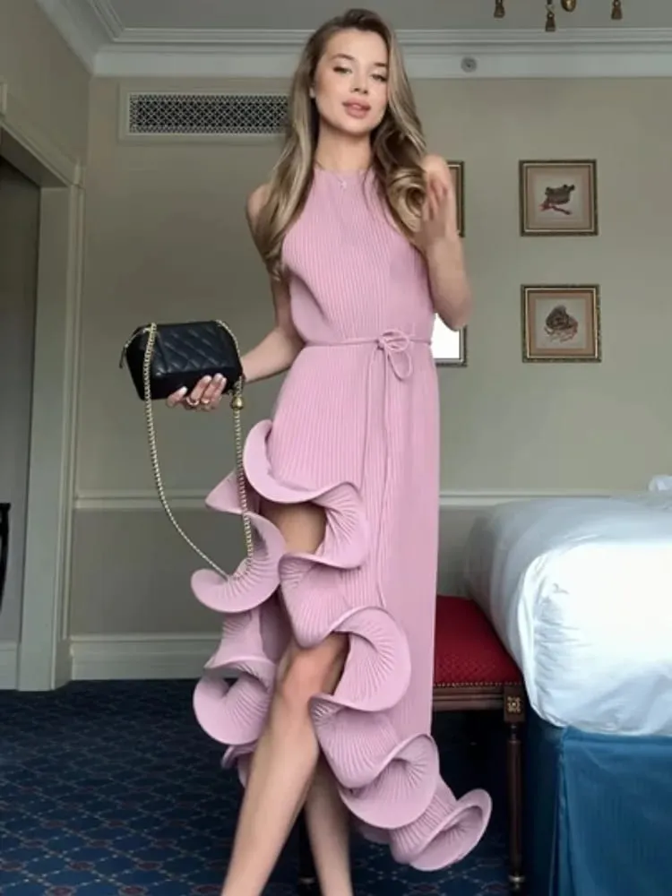 Elegantes, unregelmäßiges Rüschenhalterkleid für Damen, schick, ärmellos, schulterfrei, mit Spitze, schlankes Midi-Kleid, 2026, Damen-Abend-Party-Kleider