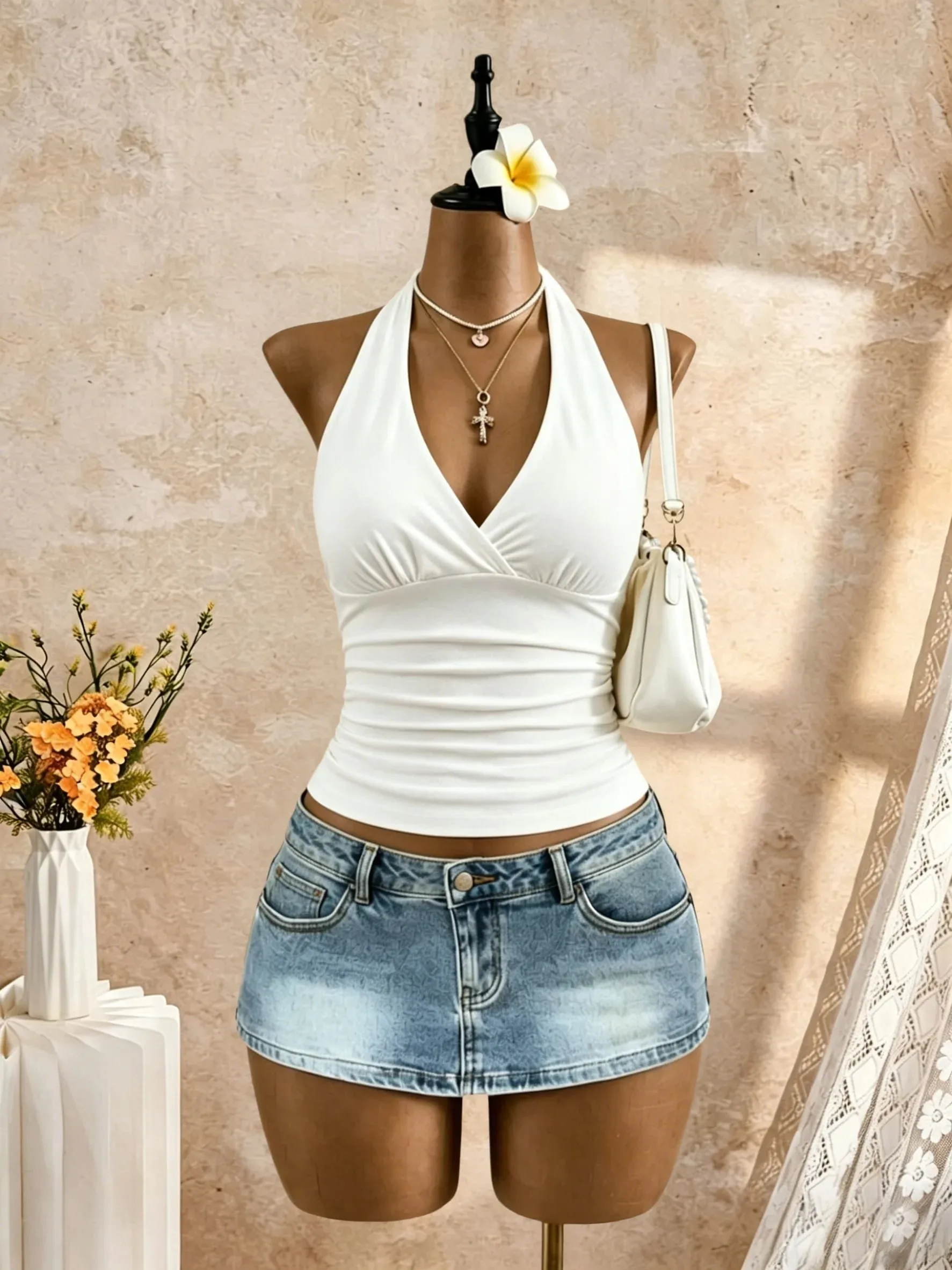 Women Halter Deep V Neck Wrap Front Side Ruched Waist Sleeveless Crop Cami Top Solid White Slim Fit Summer Beach Vacation Casual — image 2