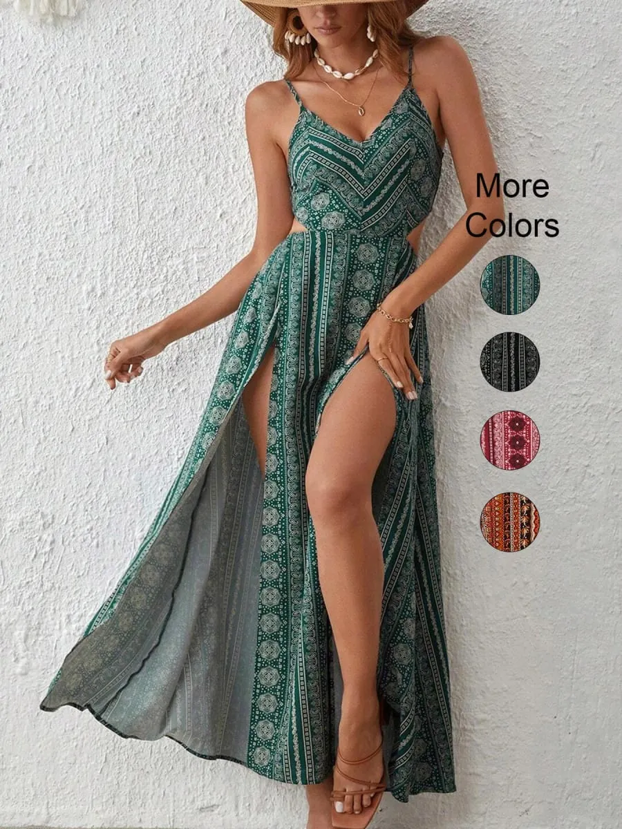 Deep V-Neck Backless Sling Dress with Thigh High Slit Floral Print Beach Holiday Party Maxi Dress Summer Women's Clothing — image 2