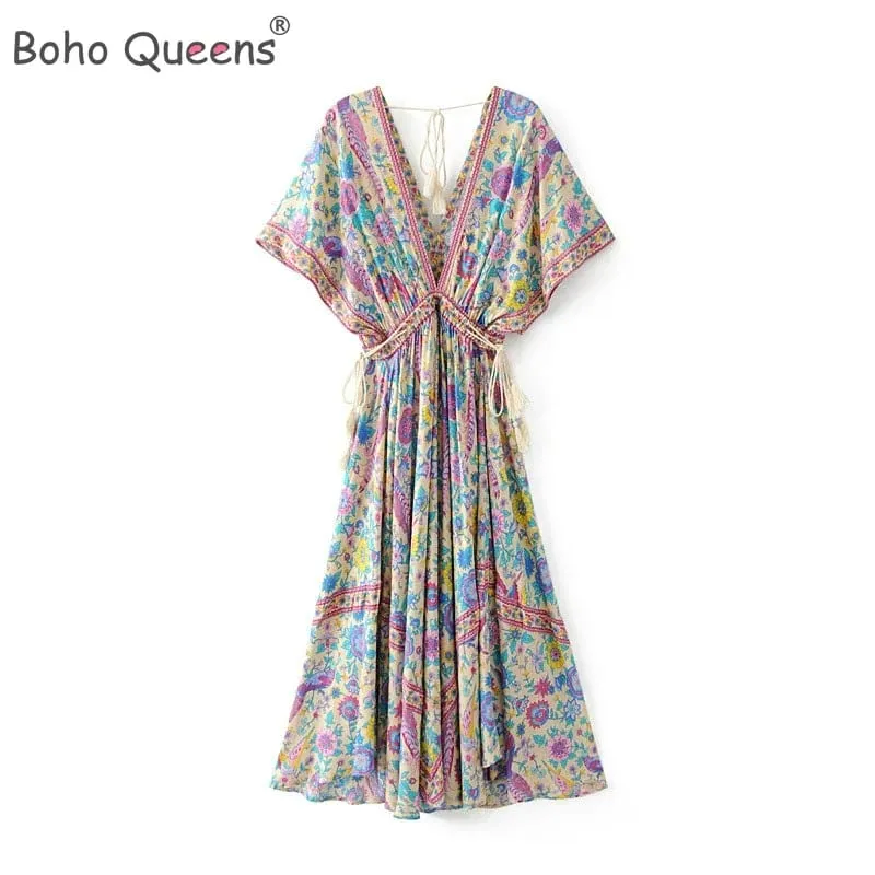 Đời Boho Hoàng Hậu Nữ Con Công In Hoa Tay Cánh Dơi Đi Biển Bohemia Đầm Maxi Nữ Cổ V Tua Rua Mùa Hè vestidos — image 2
