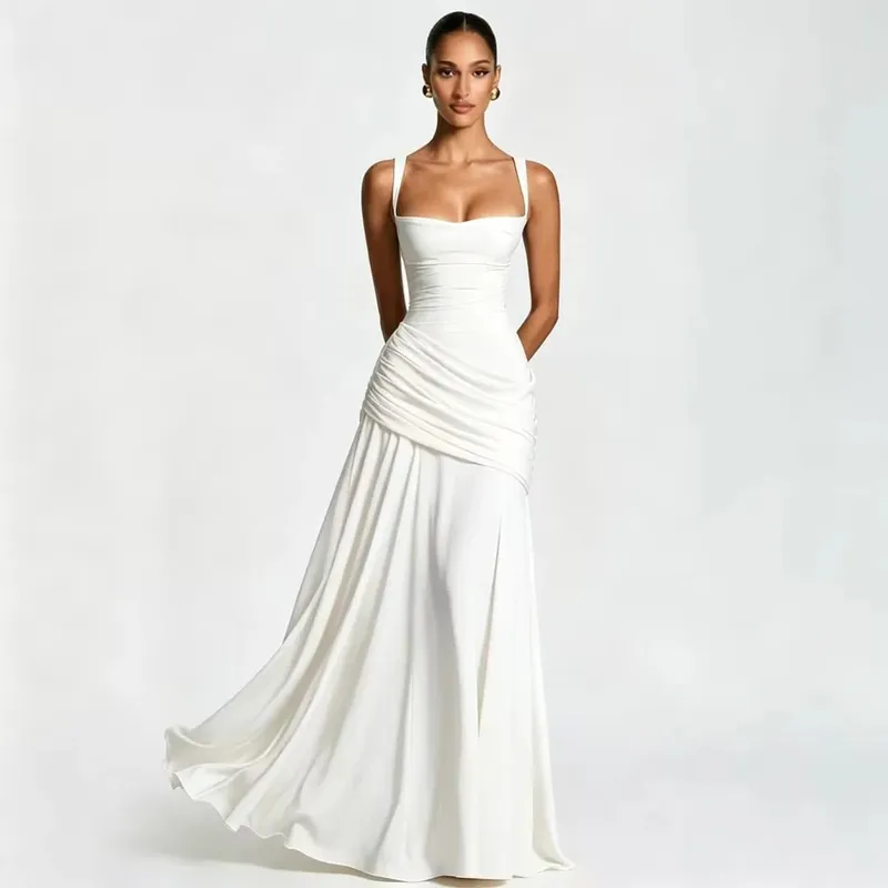 Sexy Solid Pleated Sling Dress Women Elegant Square Neck Sleeveless Waist-cinching Maxi Dresses 2026 New Summer Lady Party Robe — image 9