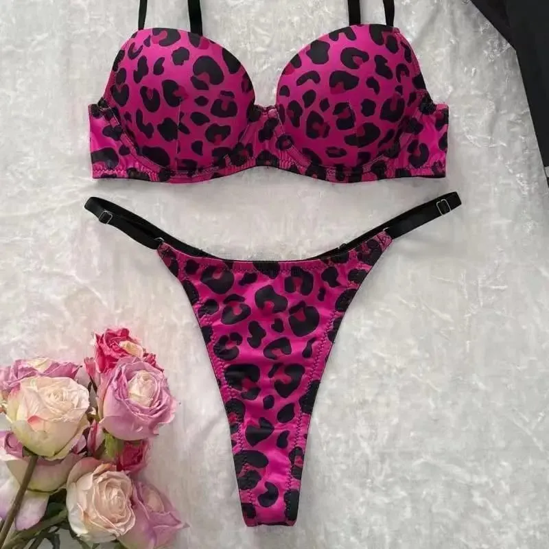 Women's Sexy Leopard Print Lingerie Set Comfortable Close-Fitting Push-Up Bra with Steel Ring Gathering — image 1