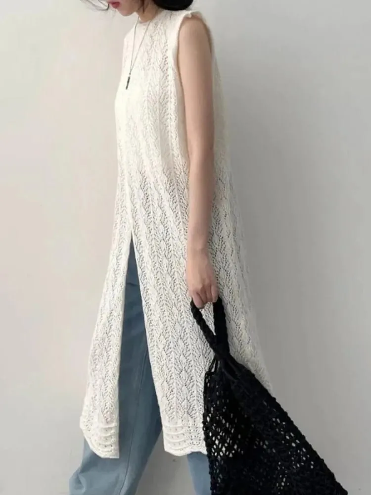 Zjaiss Women's 2026 Early Spring Japanese Retro Sweet Sweater Dresses Hollow Out Knit Irregular Long Sleeveless Vest Dress — image 1