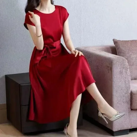 Casual Loose plus Size Solid Color Dress Women's Summer New Style Cool Mom Clothes Long Midi Dress Slimming Effect — image 5