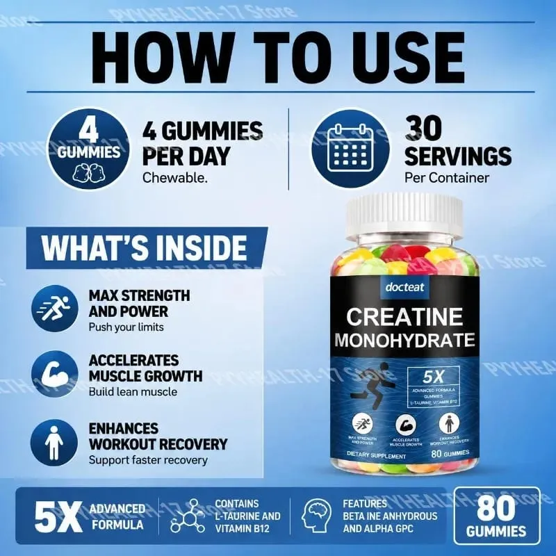 Docteat Creatine Monohydrate Gummies Chewable for Strength and Power Supports Muscle Growth and Workout Recovery 80 Gummies — image 5