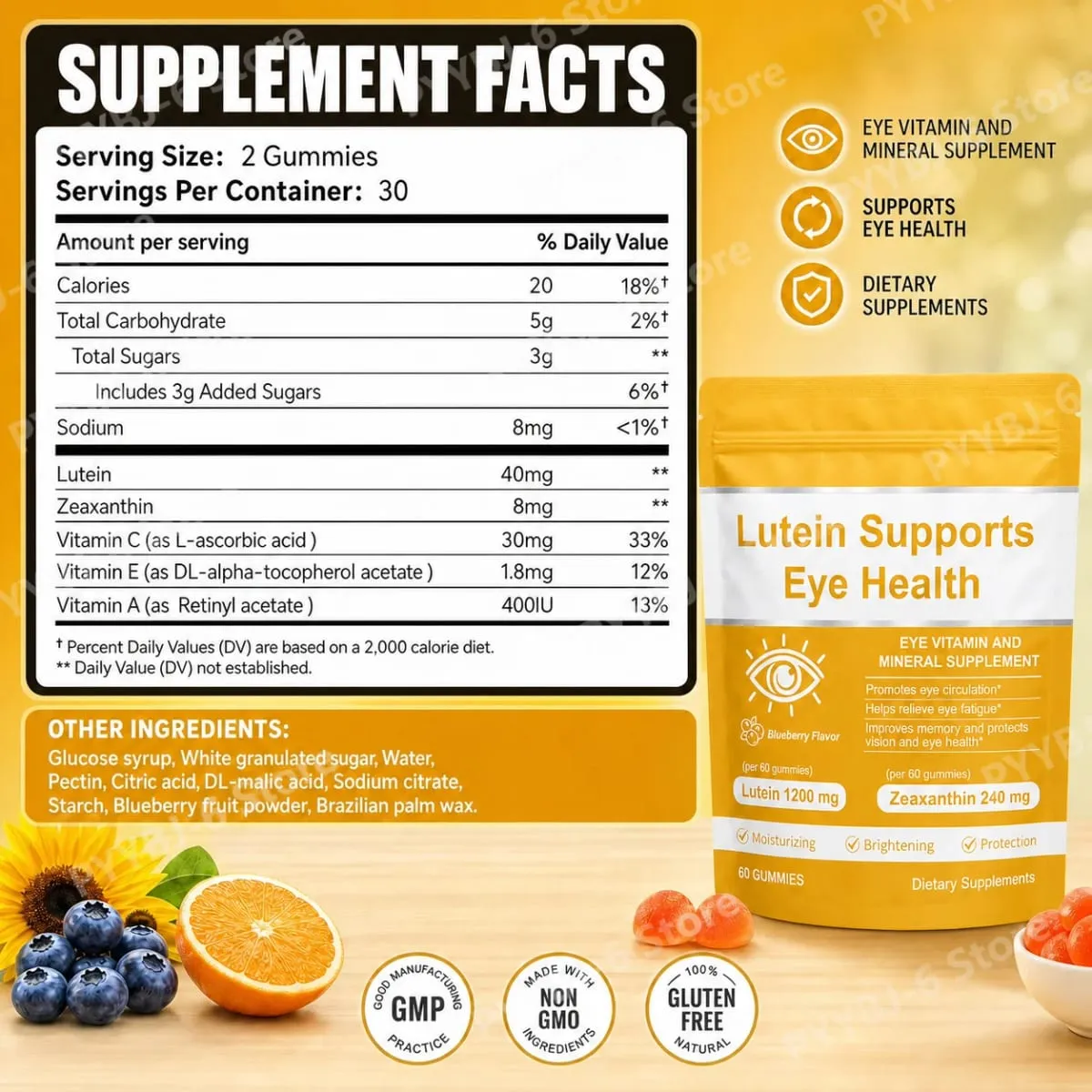 Lutein Eye Health Gummies with 40mg Lutein 8mg Zeaxanthin Vitamins A C E Blueberry Flavor Supports Visual Wellness 60 Gummies — image 2