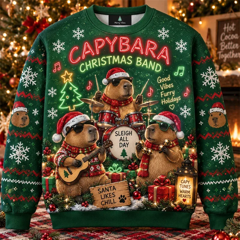 Capybara Christmas Sweater Funny Animal Holiday Graphic Crewneck Xmas Pullover Winter Party Gift Casual Streetwear Festive Top — image 7