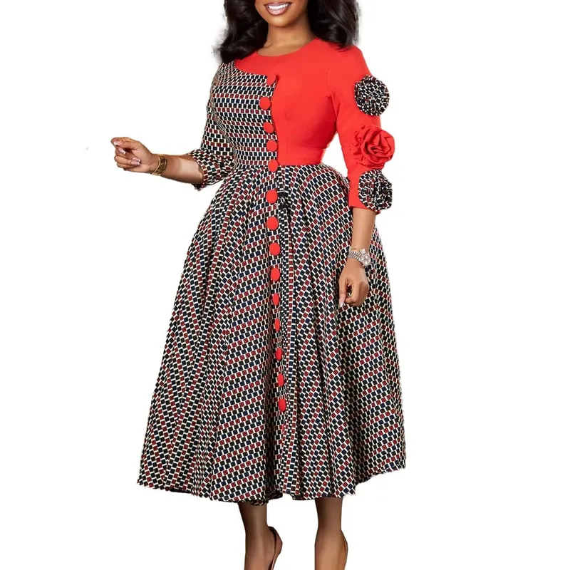 Elegant Dresses for Women 2025 Fall Fashion African 3/4 Sleeve Party Birthday New Robe Chic 3D Flower Plaid Evening A-Line Dress