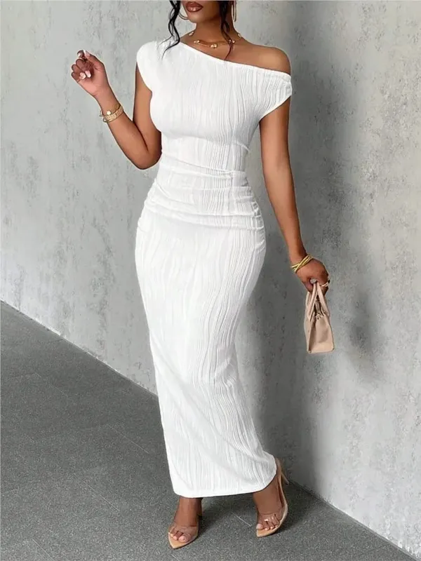 Fashion Water Ripple Slanted Shoulder Dress Pambabaeng Elegant At Simple Solid Color A-line Collar Mid-waist Sexy Hip Wrap Skirt