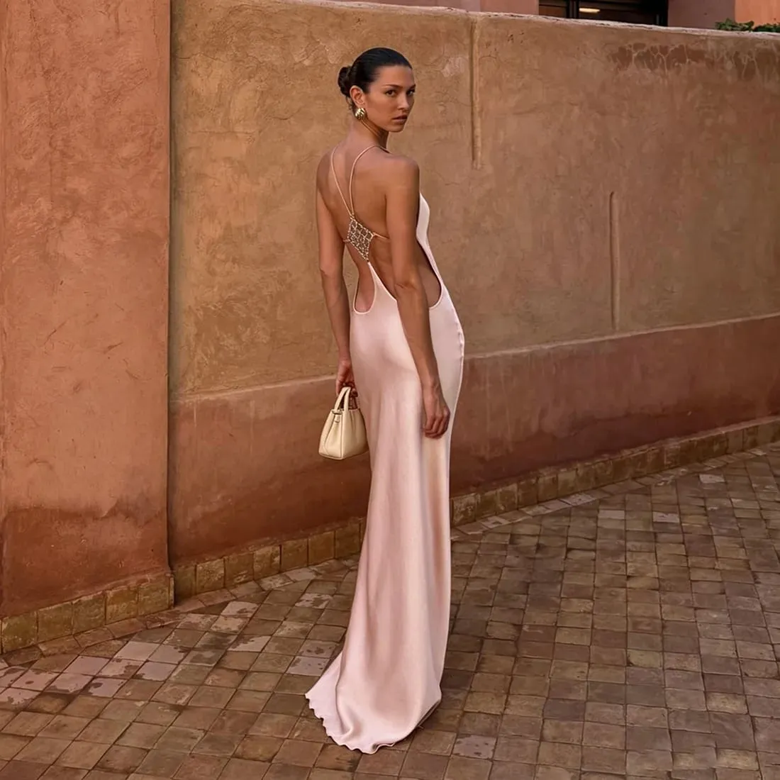 Cryptographic Vacation Women's Casual Dresses Sexy Socialite Style Long Dress Rhinestone Decor Slim Solid Backless Women's Gowns — image 7