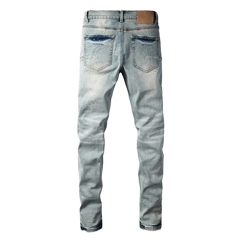 Men's Washed Distressed Skinny Ripped Jeans Light Blue Rhinestone Decor Button Fly High Street Style — image 9