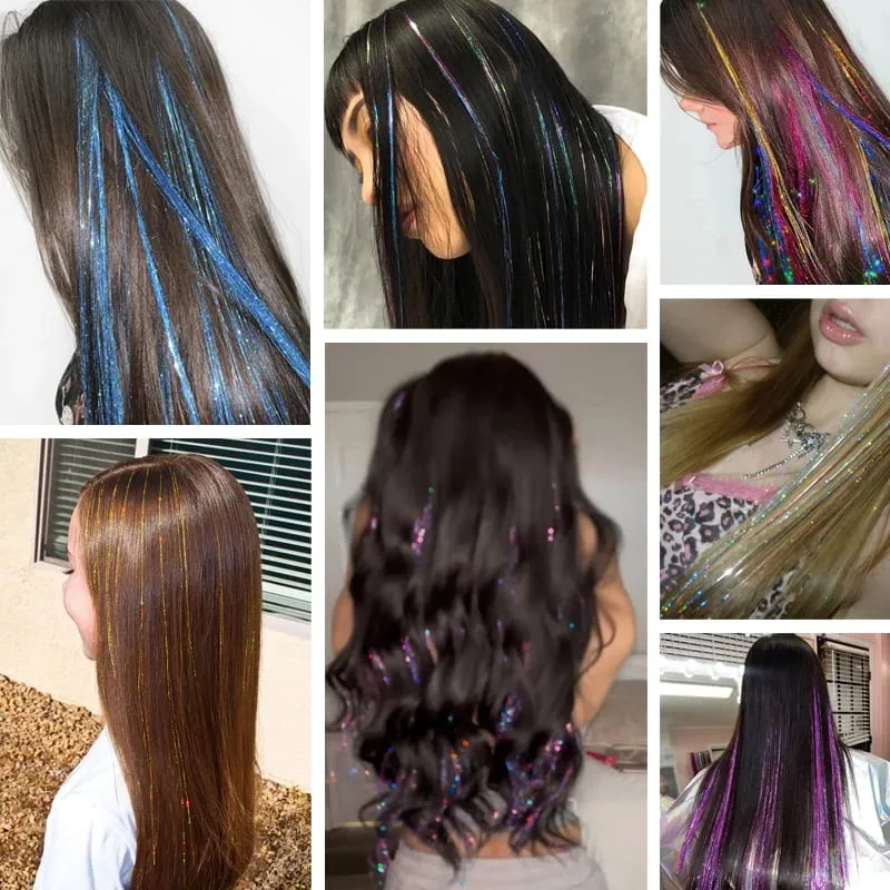 6Pcs Hair Tinsel Kit 24inch 1200 Strands Glitter Tinsel Hair Extensions Shiny Colorful Tinsel Hair Party Highlights for Women — image 7