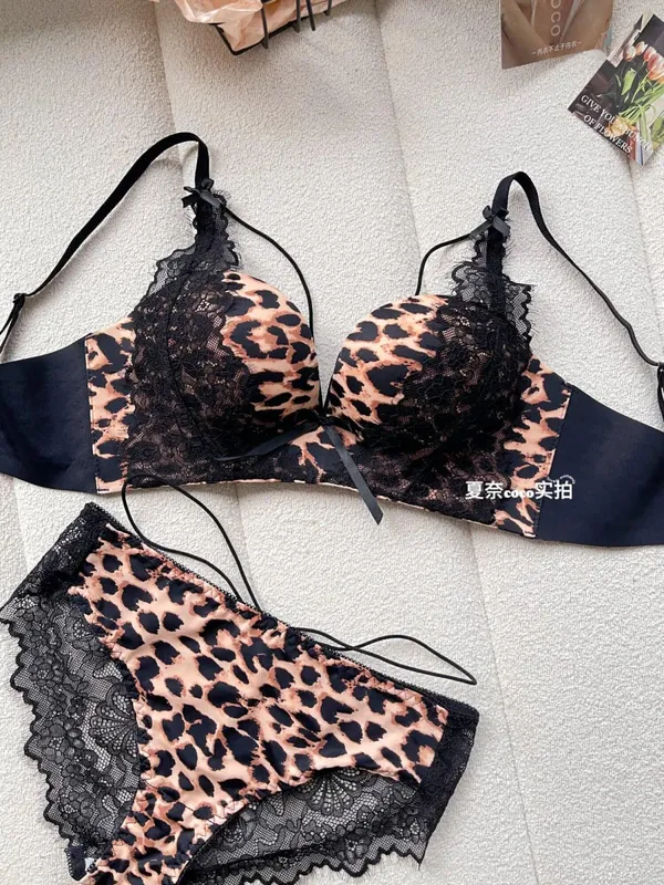 New Sexy Leopard Print Deep V Push Up Bra Lingerie Set for Women Small Bust Push Up Effect Anti Ptosis Daily Wear 32-38 Bra Set — image 8