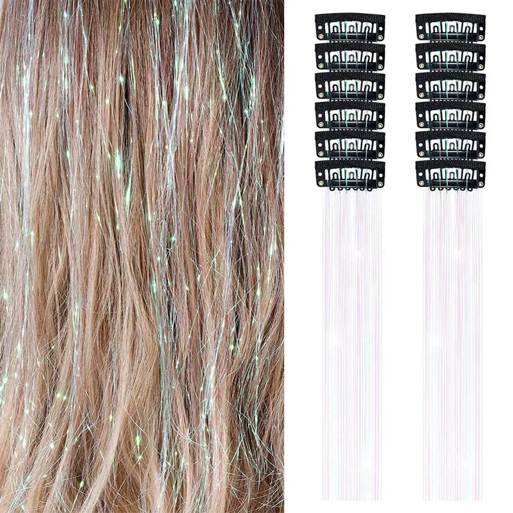 12Pcs Clip Hair Tinsel Clip in Glitter Tinsel Hair Extensions Synthetic Heat Resistant Shiny Sparkle Hair Tinsel for Women Girls — image 10