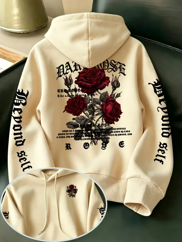 Men's Gothic Rose Hoodie Dark Red Rose Letter Graphic Back Sleeve Print Vintage Oversized Pullover Sweatshirt Streetwear Autumn — image 5
