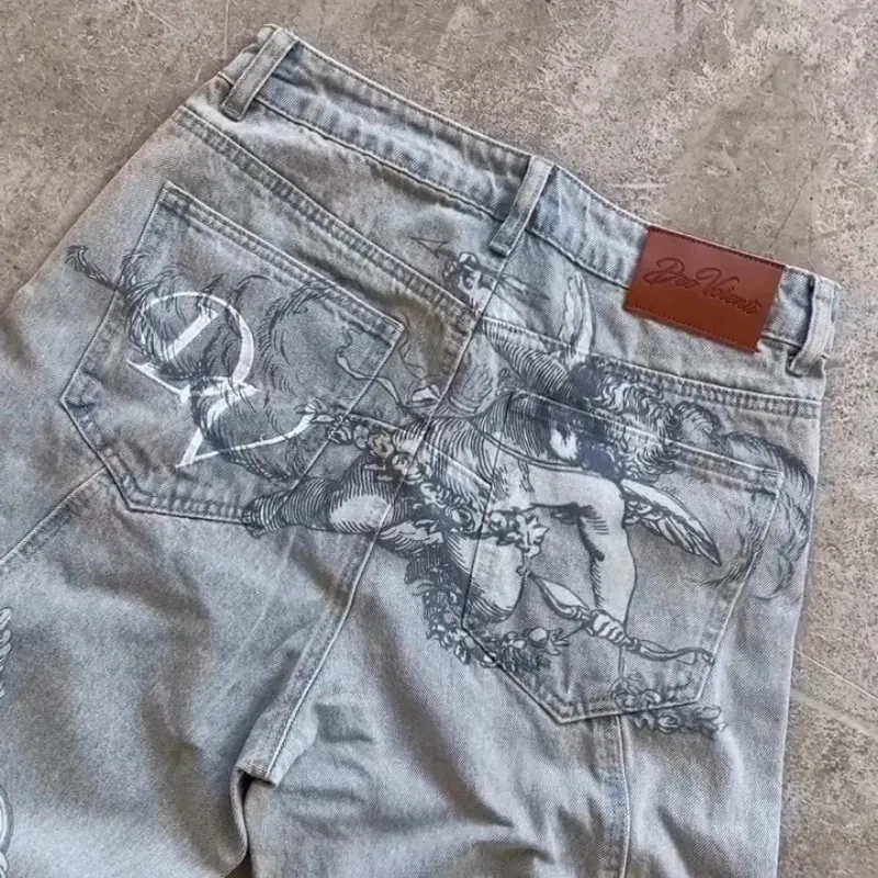 Seluar Denim Fesyen Y2K Seni Corak Klasik Seluar Jeans Malaikat Colossal Retro Gothic Hip Hop Harajuku Streetwear Lelaki Wanita Seluar Baggy