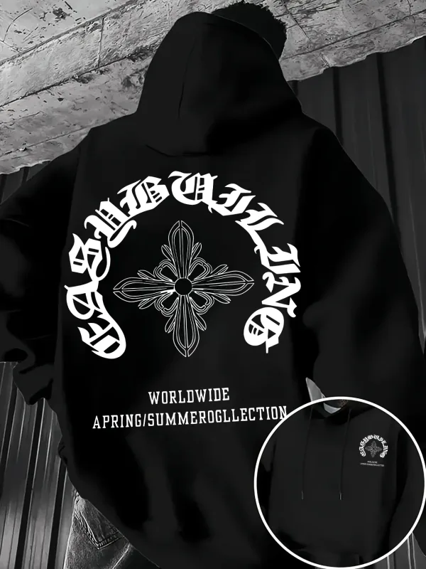 Gorgeous Gothic pattern design men's fall-winter American retro trend dark and mysterious atmosphere-themed hooded sweatshirt.