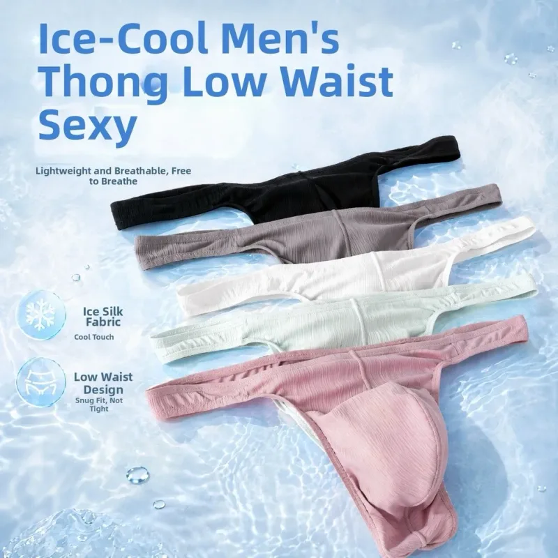 Ice Silk Thongs Men Sexy Underwear Soft Ribbed G-string Breathable Underpants Seamless Panties Male Lingerie Bulge Pouch Briefs — image 2