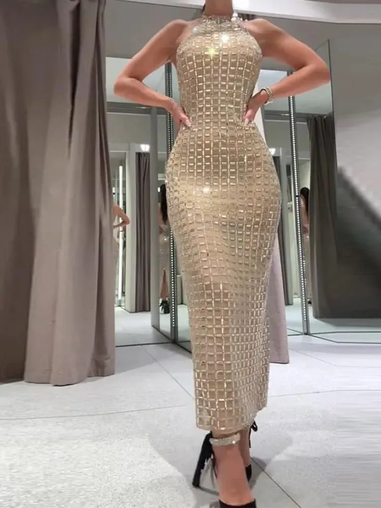 Halter Sequined Midi Dress Women Sexy Turtleneck Sleeveless Backless Waist Cinching Party Evening Dresses Chic Office Lady Robes