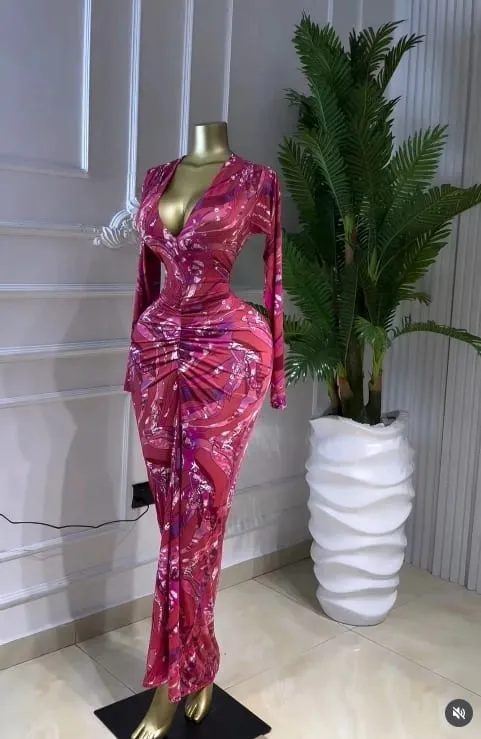 Women Printed Deep V-neck Stacked Ruched Bodycon Midi Maxi Dress 2026 Birthday Holiday Party Trendy Dresses Vestidos — image 5