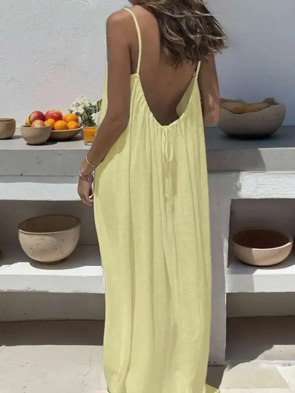 Women's Solid Color Backless Cami Dress Summer Sexy Loose Long Dress Casual Backless Lace-Up Robe Femme Party Dresses Home Wear — image 14