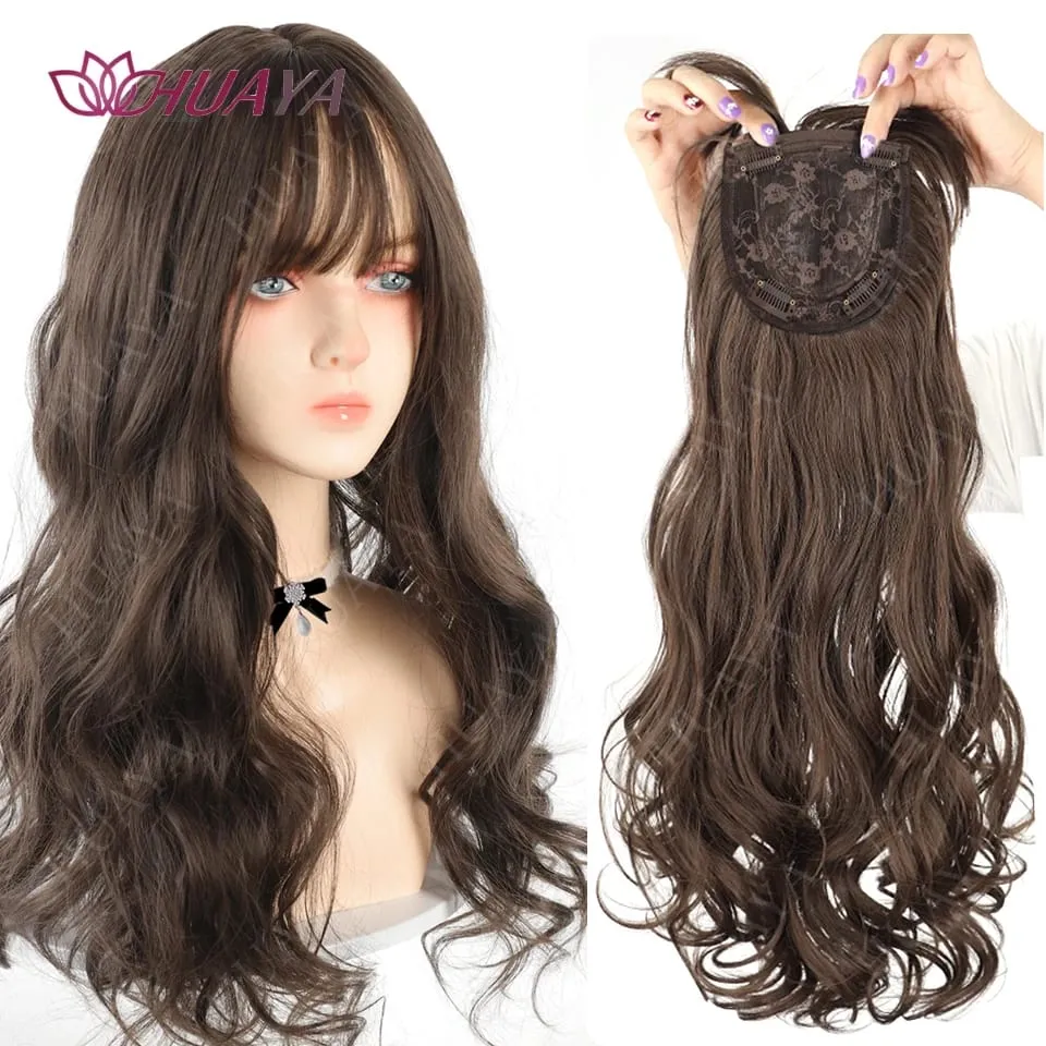 Synthetic 3 Clips In Topper Long Wavy Hairpiece Black Brown Women Fake Hair Clip In Hair Extensions With Bangs Fake Hairpiere — image 2