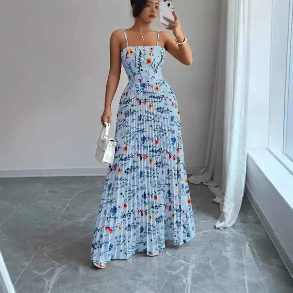Elegant Floral Print Maxi Dress Women Summer Sexy Cami Slip Dress Casual Sleeveless A-Line Long Dresses Vintage Beach Vacation — image 3