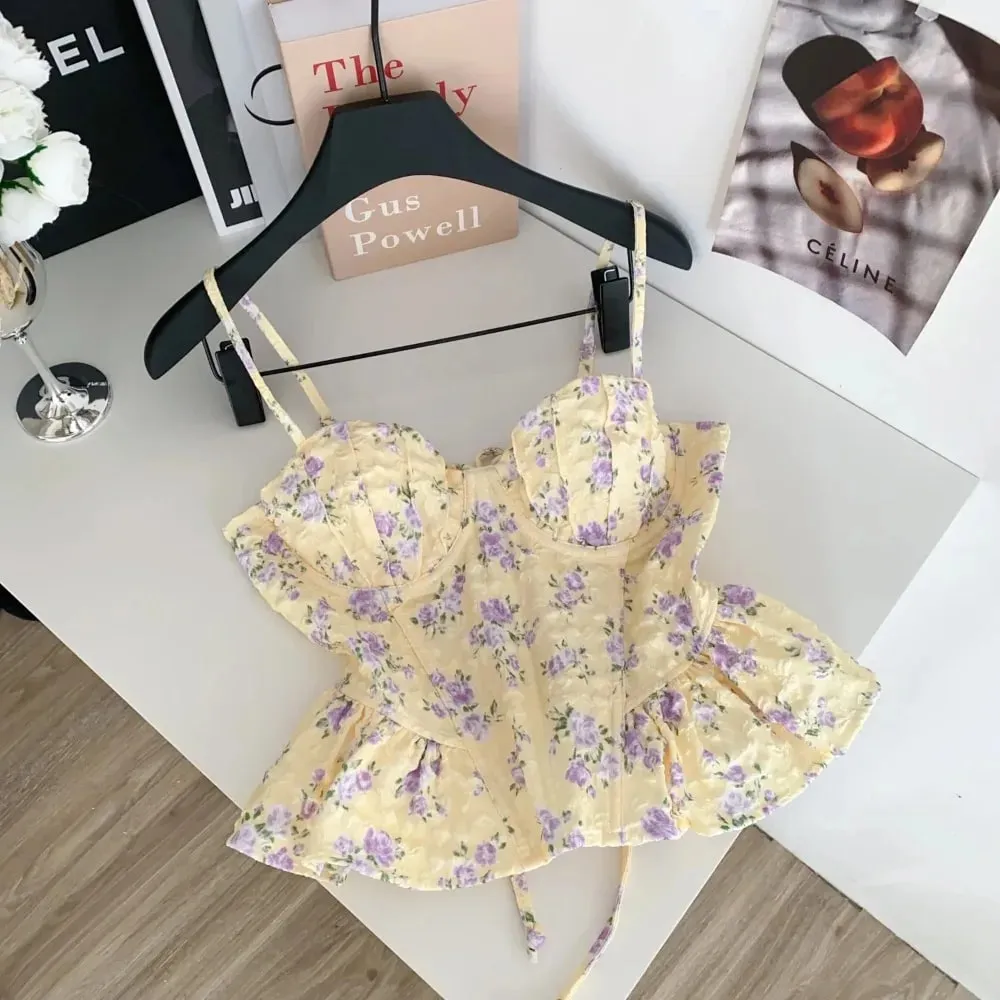 เซ็กซี่ Slim Corset ruffle พิมพ์เกาหลี Camis Tank Top Basic แฟชั่นปิดไหล่ฤดูร้อนเสื้อผ้าผู้หญิง — image 2