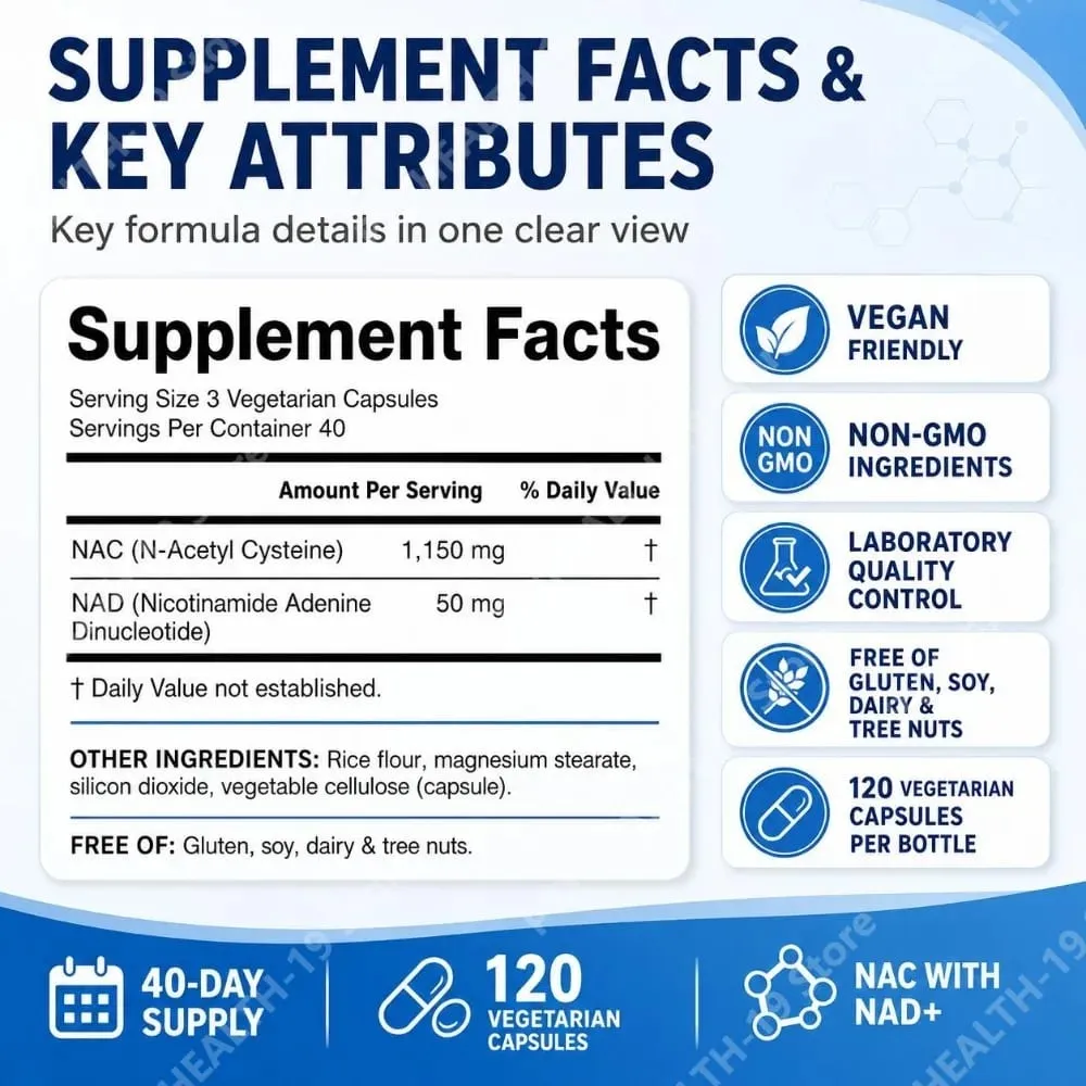 NAC N-Acetyl Cysteine Capsules 1200mg NAD+ For Cellular Immune & Antioxidant Energy Support Formula Adult 120 Count — image 3