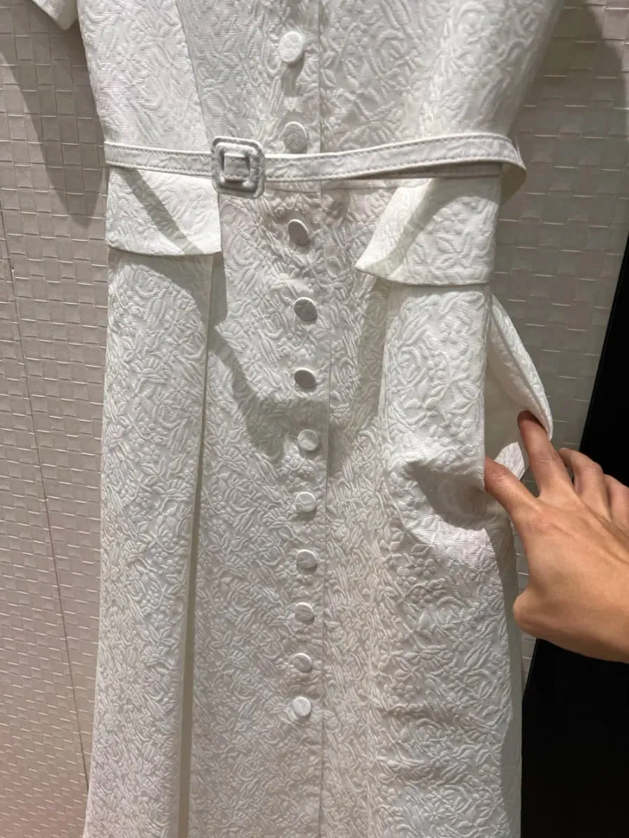 3D flowers embossed pattern 2026 spring women single breasted long dresses belt pockets dress black white