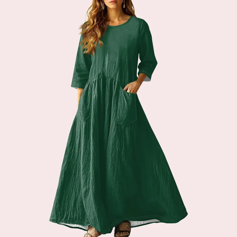 Women's Summer Loose Long Dresses Solid Color Three-quarter Sleeve Double Pocket Dress Loose Round Neck Linen Dress Vestidos